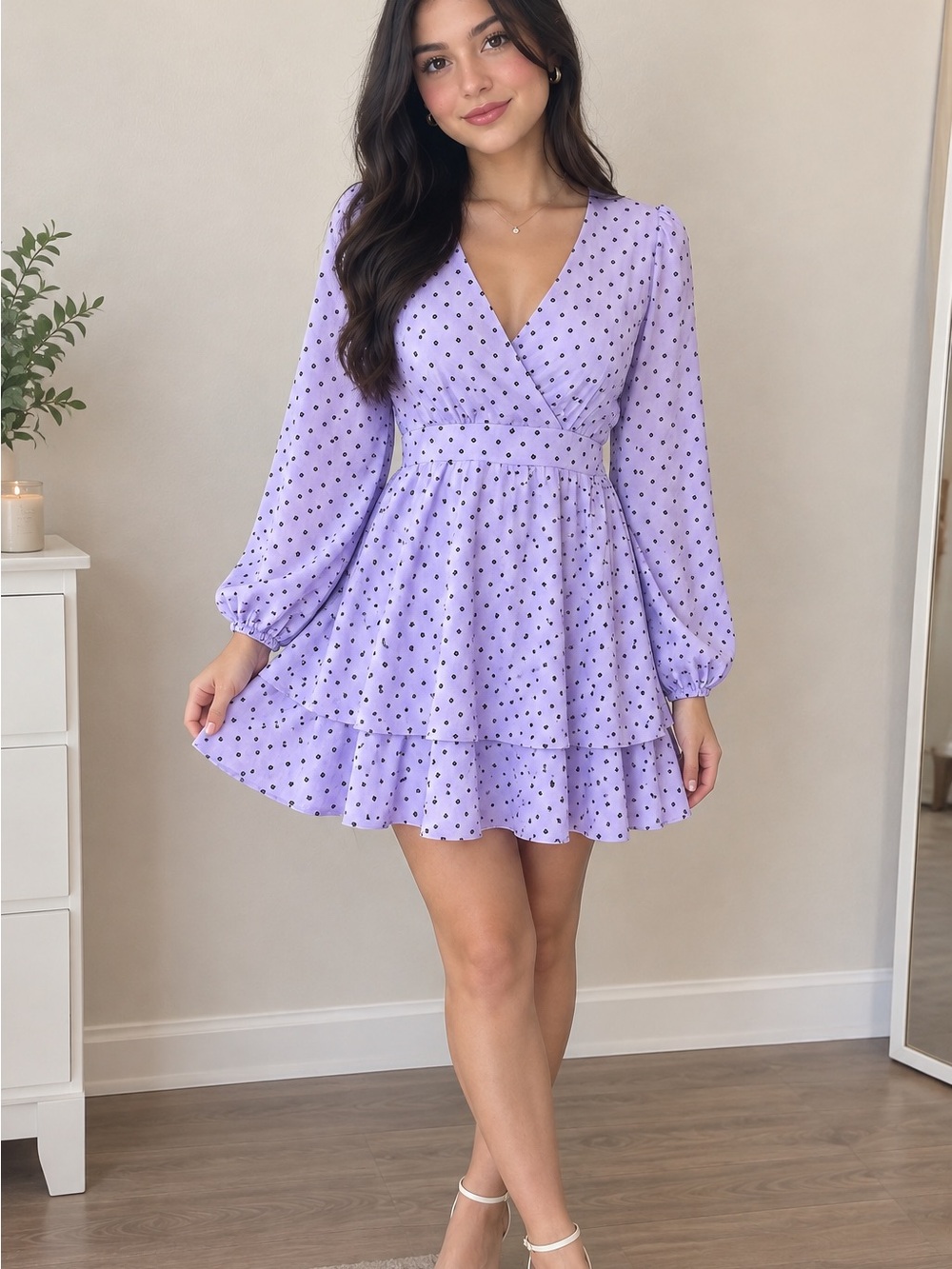 B Darlin Lavender Polka Dot Wrap Mini Dress